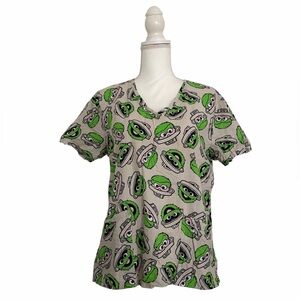 Sesame Street Oscar The Grouch Print Nursing Medical Scrub Top Women's Medium